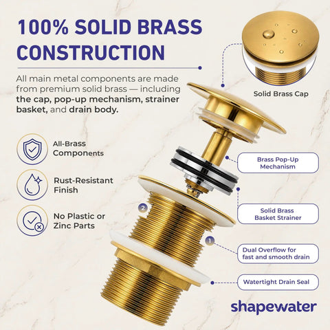 Heavy Duty Brass Pop Up Drain For Freestanding Tub With Brushed Gold Finish And Smart Hair Catcher To Beat Clog Headaches And Keep Your Jewel Drops Secured Tight, showing solid brass components.