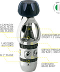 Close-up of AC2 Compact Regulator from Beginner Diver Starter Pro Kit, showing chrome details and pressure indicators, made in Italy.
