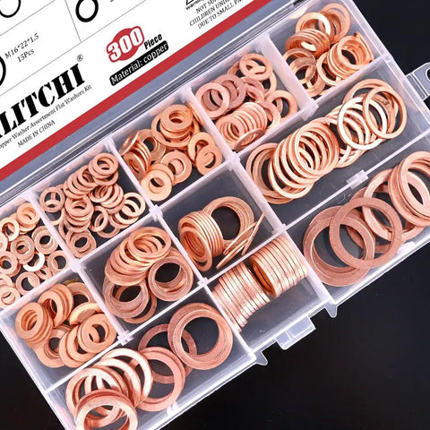 Copper Washer Set 300 Piece Flat Ring Assortment Kit With 12 Size Range M5 M6 M8 M10 M12 M14 M16 M20 High Conductivity Copper Washers