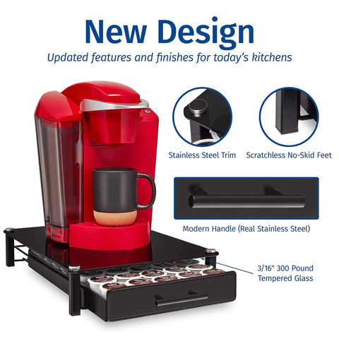 Premium Glass Coffee Stand With Pod Drawer For Keurig Coffeemakers Keeps Pods Handy On The Counter, Sleek Kitchen Organizer
