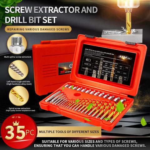 36 Piece Screw Extractor Set With Drill Bits For Removing Broken Studs Bolts And Socket Screws Includes 13 Multi-Spline Extractors 6 Spiral Extractors 16 Left-Hand Cobalt TiN HSS Drill Bits And A Center Punch Pro Grade Heavy Duty Kit open case display