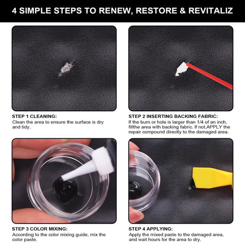 All In One Leather And Vinyl Repair Kit For Car Interiors And Home Furniture Fixes Scratches Tears Fading Stains On Couches with step-by-step process