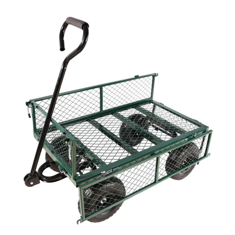 Green Four Wheel Trailer With Double Deck Detachable Sides, Heavy Duty Steel Utility Cart For Farm, Warehouse, Garden And Yard Work