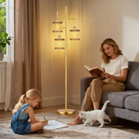 Industrial Style Tree Floor Lamp With Stepless Dimmable Brightness 68 Inch Tall Standing Light For Living Room Bedroom Office E26 Socket 3 LED Bulbs Included Black Finish, in cozy living room scene with mother reading and child drawing