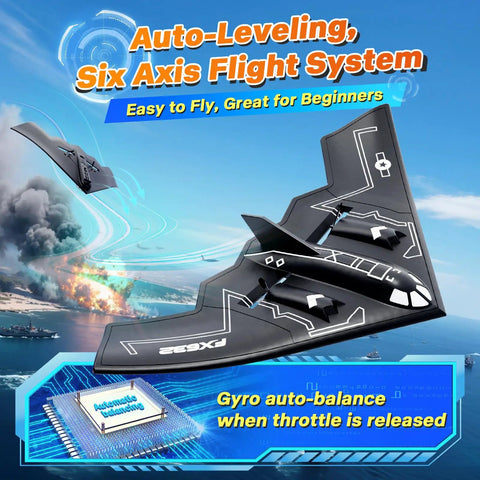 B2 Spirit Stealth Bomber RC Plane Ready to Fly 2CH Remote Control with 6 Axis Gyro Stabilizer against explosive background