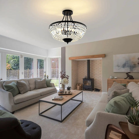 Crystal Ceiling Light Fixture 19.5 Inch With 5 Light Raindrop Semi Flush Mount Chandelier in modern living room
