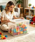 Set Of Three Thick Clear Plastic Storage Bins With Hinged Lids Heavy Duty Stackable Organizer Boxes For Bedroom Closet And Travel Gear Roomy Sturdy Containers That Kick The Clutter Out And Keep Your Space Slick with colorful toys in living room