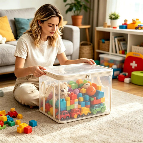Set Of Three Thick Clear Plastic Storage Bins With Hinged Lids Heavy Duty Stackable Organizer Boxes For Bedroom Closet And Travel Gear Roomy Sturdy Containers That Kick The Clutter Out And Keep Your Space Slick with colorful toys in living room