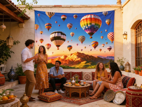 7x5ft Hot Air Balloon Backdrop With Colorful Rainbow Sky And Mountain Scene For Birthday Parties Welcome Events