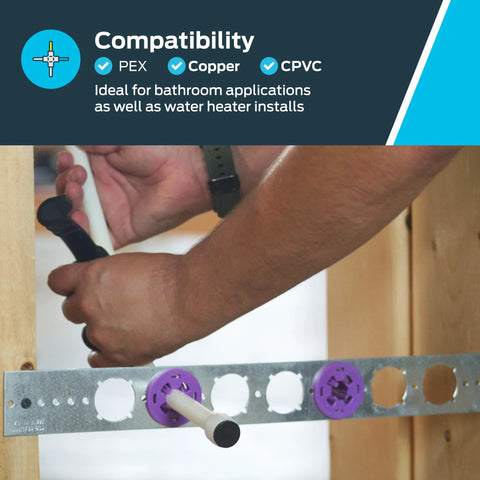 HoldRite PEXRite Stub-Out Clamp for 1/2 in CTS pipe; tool-free bathroom pipe support, purple clamp with white PEX tube