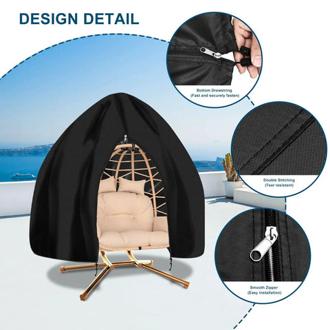 Heavy Duty Black Outdoor Egg Chair Cover 90x78 Inches With Full Zipper Dustproof And Tear Resistant Protection shows zipper details