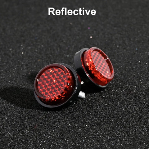 Red Reflectors Motorcycle License Plate Bolts And Nuts Set For Motorcycle And Bicycle Round Screws And Fasteners Reflective Frame Hardware Easy Install Durable Stainless Steel By Muoqele, close-up view of 2 reflective red bolts on black background.