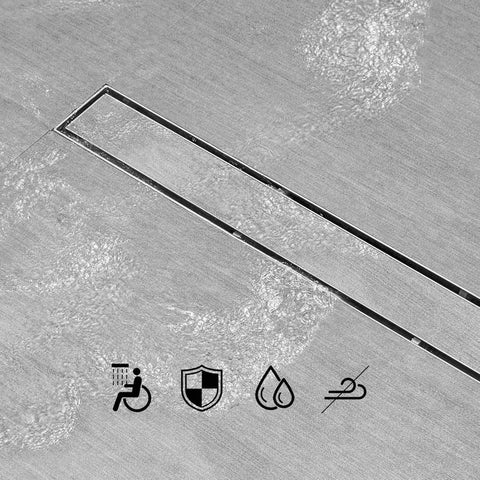 24 Inch Linear Shower Drain Kit With Invisible Tile Insert And Flat Cover, Brushed 304 Stainless Steel, 2 Inch Outlet in wet bathroom floor
