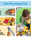 Child playing with Magnetic Construction Vehicle Tiles Set 5 In 1 Buildable Crane Excavator Dump Truck Ladder Truck Backhoe With Two Car Bases For Kids Ages 3 And Up Learn Play And Create Kid Friendly Hands On Building Toys, featuring BPA free and strong magnet connection