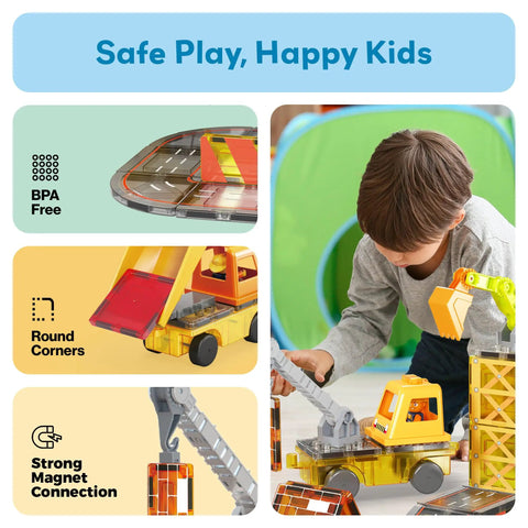 Child playing with Magnetic Construction Vehicle Tiles Set 5 In 1 Buildable Crane Excavator Dump Truck Ladder Truck Backhoe With Two Car Bases For Kids Ages 3 And Up Learn Play And Create Kid Friendly Hands On Building Toys, featuring BPA free and strong magnet connection