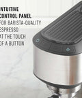 Compact Stainless Steel Espresso Maker With Built In Milk Frother Shoots Pro Level Lattes And Cappuccinos Daily Ultra Sleek Countertop Coffee Brewer control panel close-up.