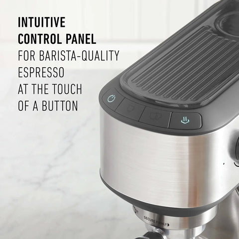 Compact Stainless Steel Espresso Maker With Built In Milk Frother Shoots Pro Level Lattes And Cappuccinos Daily Ultra Sleek Countertop Coffee Brewer control panel close-up.