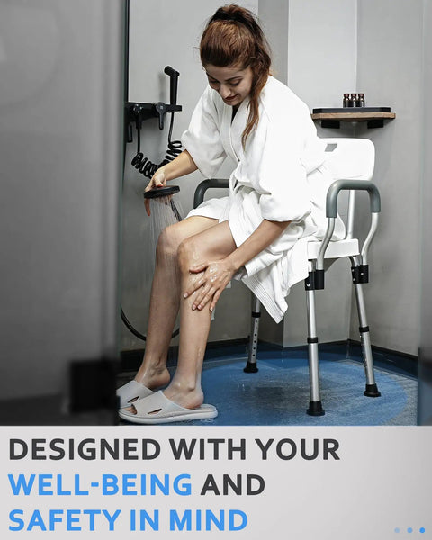 Heavy Duty Shower Chair With Back And Arms For Inside Showers, Non Slip Aluminum Bath Seat With Wall Mount Handle, Ideal For Handicap And Elderly, Includes Bath Ball, 330 Lb Capacity