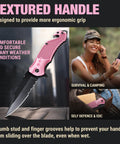 Pink Pocket Knife For Women Self Defense 2.95 Inch Serrated Folding Blade with textured handle for ergonomic grip.