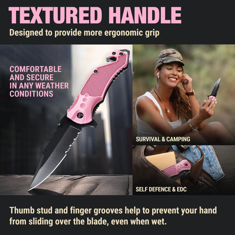 Pink Pocket Knife For Women Self Defense 2.95 Inch Serrated Folding Blade with textured handle for ergonomic grip.