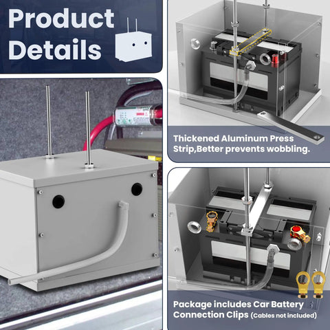 Heavy Duty Aluminum Battery Relocation Box Kit For Cars Trucks And SUVs With Hassle Free Mounting Hardware heat dissipating design with battery clips.