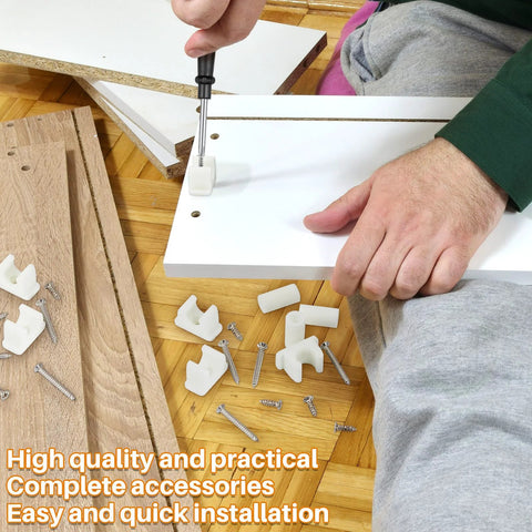 Eight Pairs False Drawer Front Clips For Cabinet Fronts With Screws Included being installed on white cabinet panel.