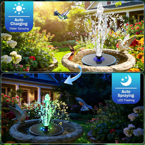 3.5W Glass Panel Solar Fountain With RGB Night Show, Anti Drift Fixer, And 7 Nozzles in garden pond day and night view