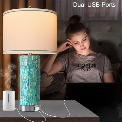 Two Pack Table Lamps With Dual USB Ports, 3 Way Dimmable Touch Control Bedside Lamps in bedroom setting, white linen shade