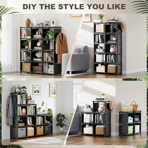 12-Cube Metal Book Shelf Storage Organizer DIY Bookcase Tall Black Shelving Unit For Bedroom Living Room Office Closet