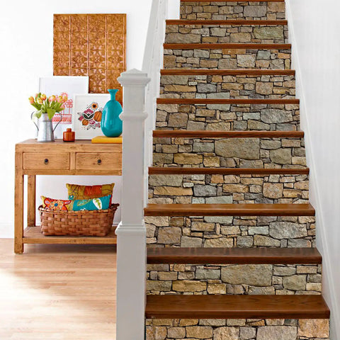 13 Strips Stair Stickers Vinyl Self Adhesive Staircase Decals Stone Pattern 39.37 By 7.08 Inch Each Strip For 13 Steps Easy Install Durable PVC Makeover For Flat Surfaces on stairs