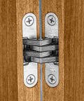Close view of Hidden Door Hinge Set With Zinc Alloy Concealed Cross Hinges, 180 Degree Invisible Swing for wooden box front.