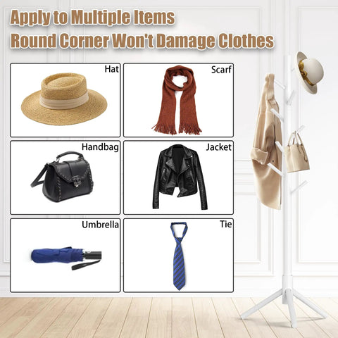 Wooden Coat Rack Stand With Eight Hooks Freestanding Coat Tree With Three Adjustable Heights for hats, bags, and more.
