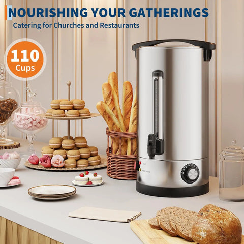 Honest To Goodness Commercial Coffee Urn 110 Cup Electric Coffee Maker With Double Wall Insulated Stainless Steel, set with pastries.
