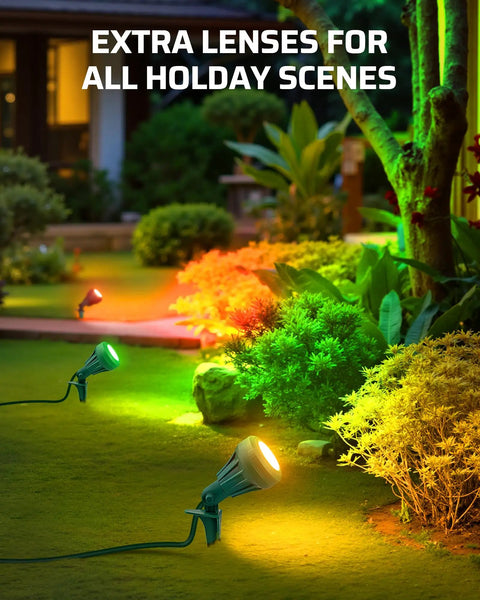Outdoor LED Spotlight Yard Ready With Three Color Lenses Red Yellow Green, 500LM Waterproof Landscape Lighting on garden shrubs