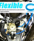 Heavy Duty Flexible Blue Motorcycle Fuel Line Hose 3.28 Feet With Kink Resistant Build And 4 Clamps For Smooth Fuel Flow Monitoring installed on engine
