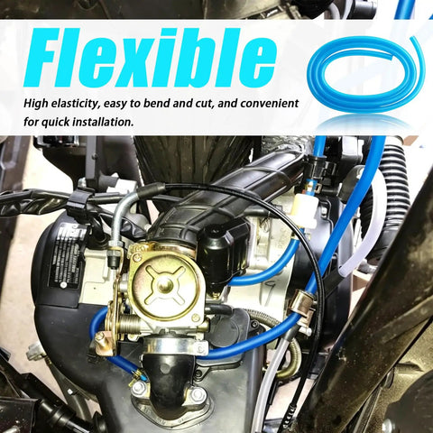 Heavy Duty Flexible Blue Motorcycle Fuel Line Hose 3.28 Feet With Kink Resistant Build And 4 Clamps For Smooth Fuel Flow Monitoring installed on engine