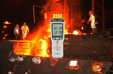 Digital thermometer in industrial setting, related to 5 Pack High Accuracy K Type Thermocouple Probes With Mini Connector, 1 Meter Lead.