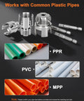 Heavy Duty 3PCS Carbon Steel Pipe Threading Tool Kit For 1/2 3/4 And 1 Inch PVC Pipes showing dies and various plastic pipe types.