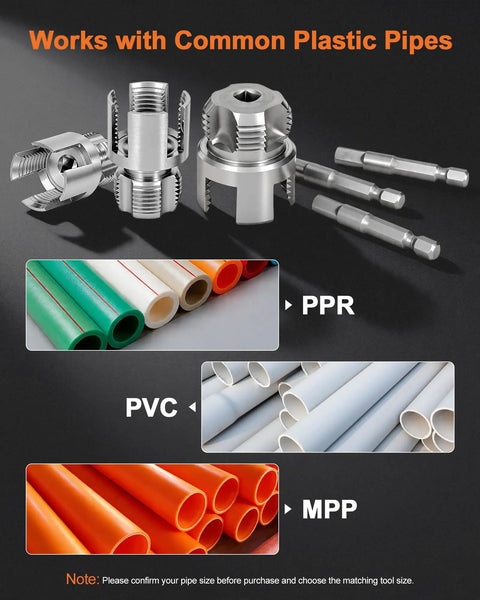 Heavy Duty 3PCS Carbon Steel Pipe Threading Tool Kit For 1/2 3/4 And 1 Inch PVC Pipes showing dies and various plastic pipe types.