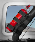 Adjustable Roll Bar Fire Extinguisher Mount For Jeep Wranglers And Other SUVs, 3 lb capacity, black with extinguisher installed