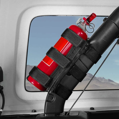 Adjustable Roll Bar Fire Extinguisher Mount For Jeep Wranglers And Other SUVs, 3 lb capacity, black with extinguisher installed