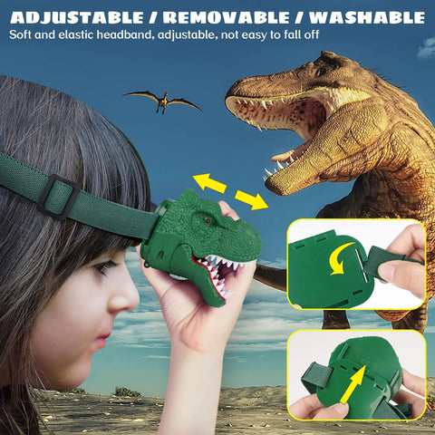 Child wearing Dinosaur Headlamp For Kids And Adults With Four Modes Led Headlamp For Camping, Hiking And Reading Roar Mode Dino Toy Inspired Gift