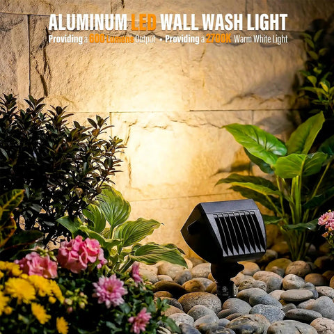 Two Pack Low Voltage Wall Wash Lights 12V LED Landscape Lighting 18W 600 Lumen Warm White 2700K Outdoor Spotlight illuminating garden plants