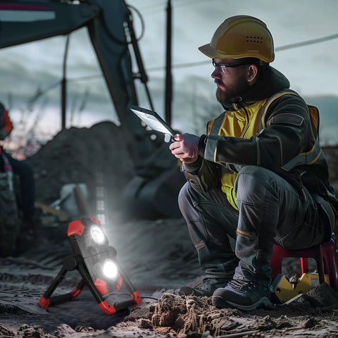 Worker using 2Pack Rechargeable LED Work Light With Magnetic Bases, 2500LM 6500K Cool White, 12 Hour Run Time outdoors