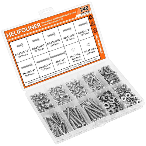All-In-One 240-Piece Phillips Pan Head Machine Screws Kit With Nuts And Washers Size 6-32 Coarse Thread Fully Threaded 304 Stainless Steel Includes 10 Sizes For DIY Projects