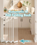 Heavy Duty Metal Retractable Pet Gate For Doorways And Stairs With Auto Close Design Straight Up Secure Dog Barrier Expands To 38 Inches Wide No Bottom Bar Classic White shown in kitchen setting.