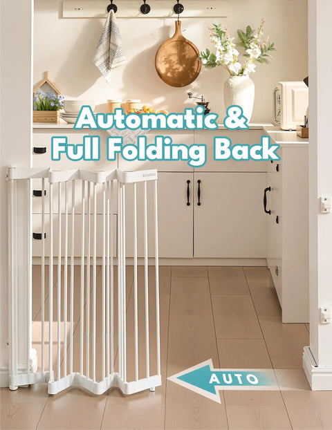 Heavy Duty Metal Retractable Pet Gate For Doorways And Stairs With Auto Close Design Straight Up Secure Dog Barrier Expands To 38 Inches Wide No Bottom Bar Classic White shown in kitchen setting.