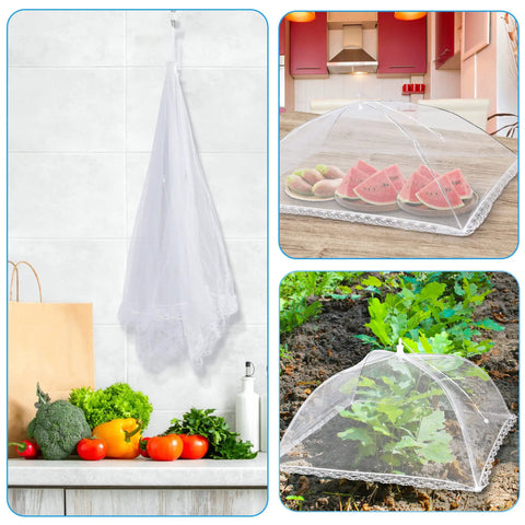 Outdoor Mesh Food Covers Set 10 Pack Pop Up Tents for Picnic and Camping protecting food and plants from bugs in various settings.