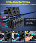 Six Gang Rocker Switch Panel With 12V Voltmeter And Dual USB Charger Cigarette Lighter Socket Six Circuit Breakers LED Meter Overload Protection Great For RV Truck Boat Two Year Warranty overload protection circuit breaker and reset button