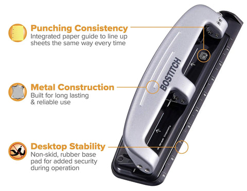 EZ Squeeze Three Hole Punch For 12 Sheets No Jam 50 Percent Less Force Heavy Duty Metal Construction With Built In Ruler